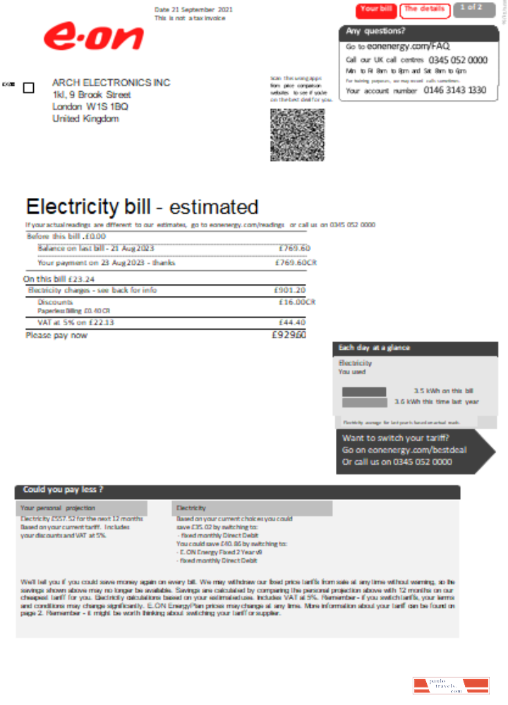 E.ON UK electricity utility business bill, page 1 SCR PSD template